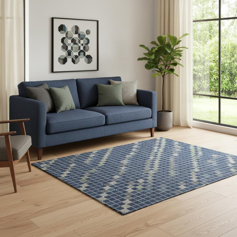 HomeRoots 5' X 8' Navy Blue Gray Silver Striped Area Rug - Washable, Stain Resistant, UV Protected Design for Homes 693542