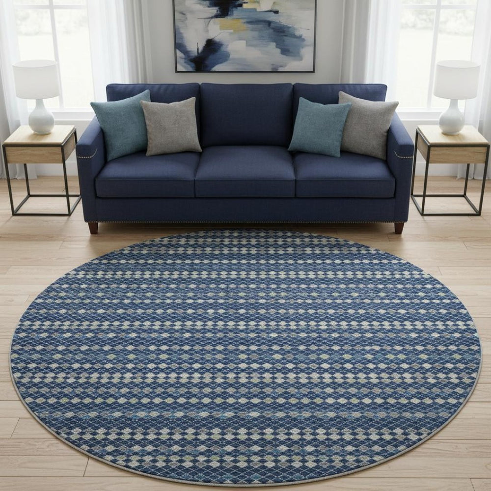 HomeRoots 8' Washable Round Rug in Navy, Gray & Silver Stripes – UV Protected, Durable, Perfect for High-Traffic Areas 693543