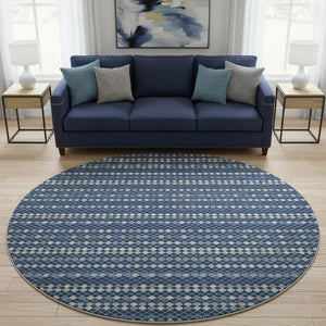 HomeRoots 8' Washable Round Rug in Navy, Gray & Silver Stripes – UV Protected, Durable, Perfect for High-Traffic Areas 693543