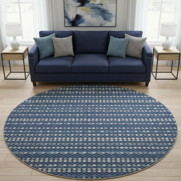 HomeRoots 8' Washable Round Rug in Navy, Gray & Silver Stripes – UV Protected, Durable, Perfect for High-Traffic Areas 693543