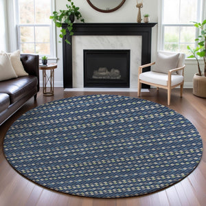 HomeRoots 8' Washable Round Rug in Navy, Gray & Silver Stripes – UV Protected, Durable, Perfect for High-Traffic Areas 693543