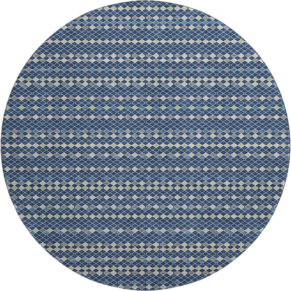 HomeRoots 8' Washable Round Rug in Navy, Gray & Silver Stripes – UV Protected, Durable, Perfect for High-Traffic Areas 693543