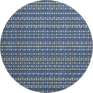 HomeRoots 8' Washable Round Rug in Navy, Gray & Silver Stripes – UV Protected, Durable, Perfect for High-Traffic Areas 693543