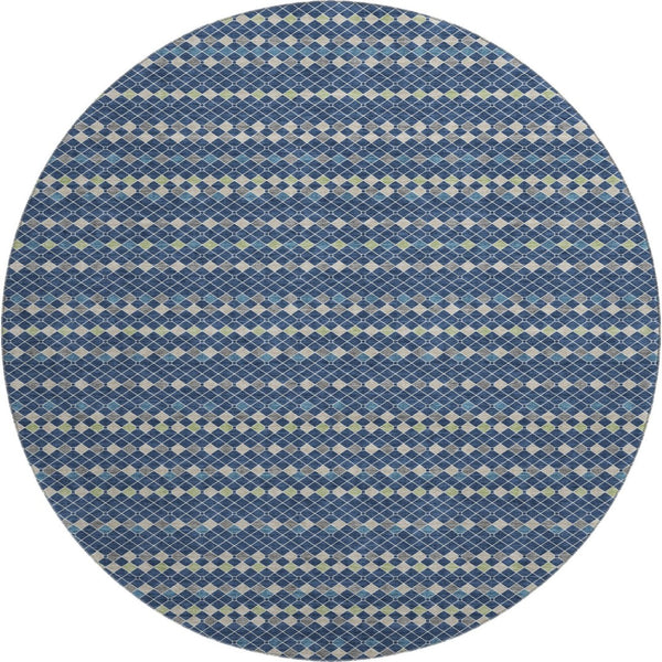 HomeRoots 8' Washable Round Rug in Navy, Gray & Silver Stripes – UV Protected, Durable, Perfect for High-Traffic Areas 693543