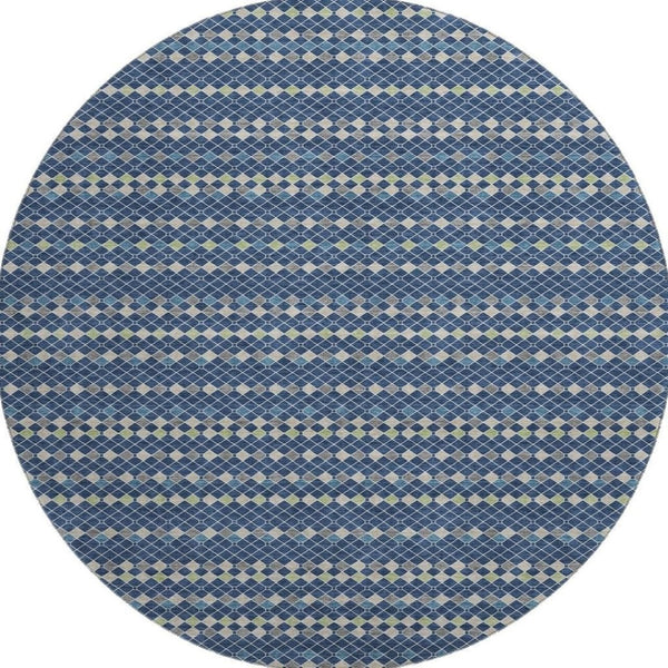 HomeRoots 8' Washable Round Rug in Navy, Gray & Silver Stripes – UV Protected, Durable, Perfect for High-Traffic Areas 693543