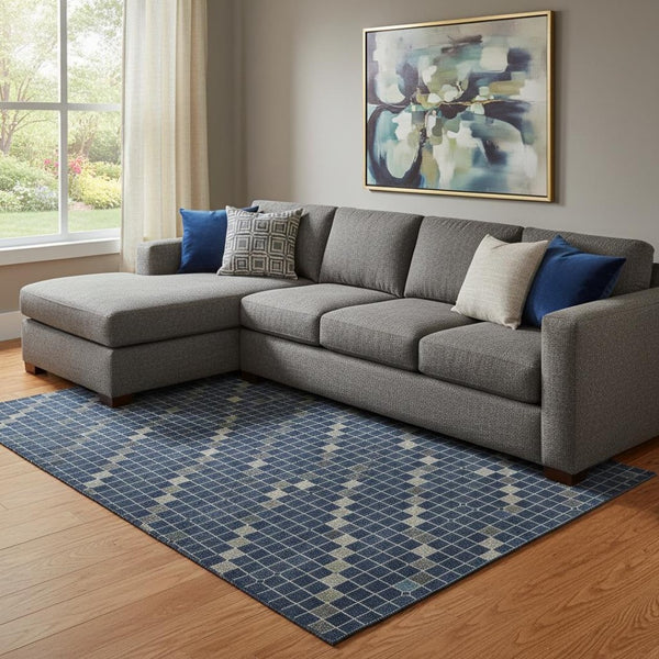 HomeRoots 8' Stylish Navy Blue, Gray & Silver Striped Washable Area Rug with UV Protection for Busy Homes 693544