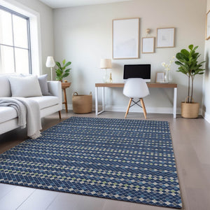 HomeRoots 9' X 12' Stylish Navy Blue, Gray & Silver Striped Washable Area Rug with UV Protection for Homes 693545