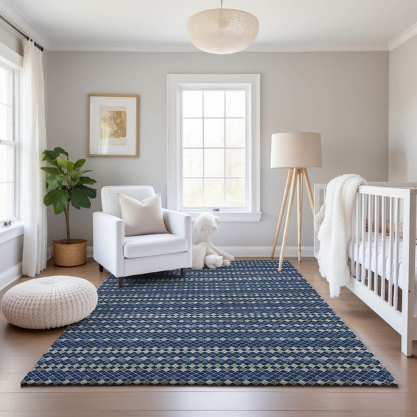 HomeRoots 9' X 12' Stylish Navy Blue, Gray & Silver Striped Washable Area Rug with UV Protection for Homes 693545