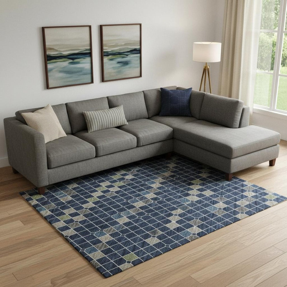 HomeRoots 10' Navy Blue, Gray & Silver Striped Washable Area Rug - UV Protected, Stain-Resistant, Non-Slip! 693546