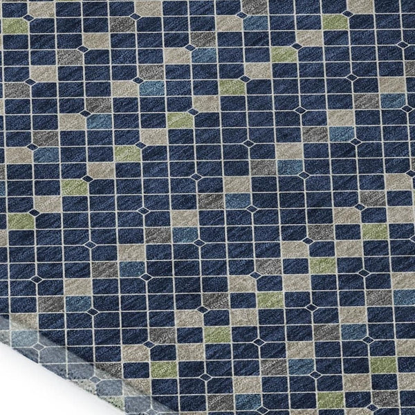 HomeRoots 10' Navy Blue, Gray & Silver Striped Washable Area Rug - UV Protected, Stain-Resistant, Non-Slip! 693546
