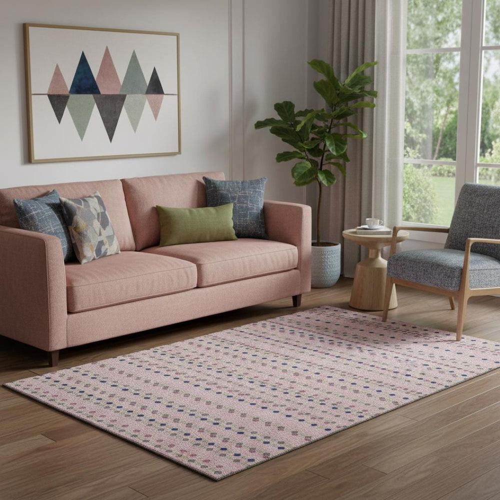 HomeRoots 5' X 8' Washable Striped Area Rug in Pink, Navy Blue & Gray - Kid & Pet-Friendly with UV Protection 693548