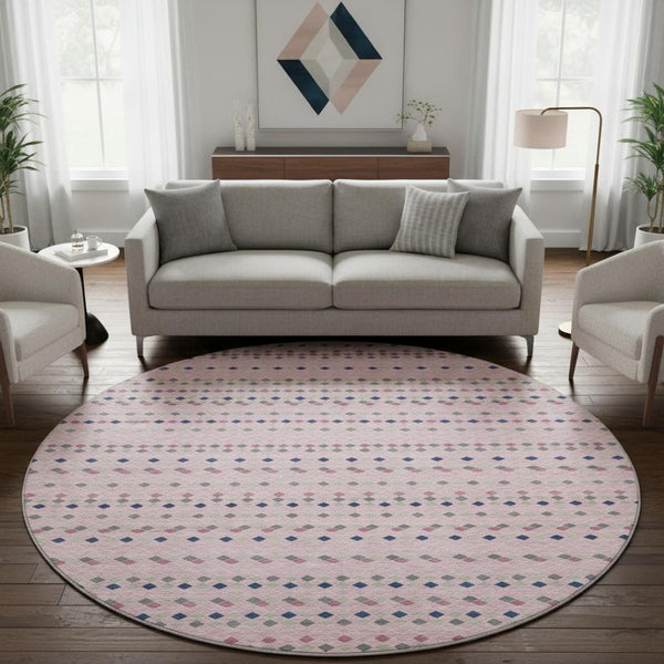 HomeRoots 8' X 8' Washable Round Rug in Pink, Navy Blue & Gray Stripes – UV Protected, Stain Resistant, Non-Slip 693549