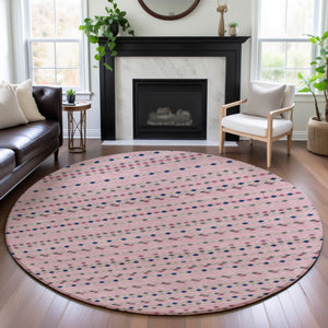 HomeRoots 8' X 8' Washable Round Rug in Pink, Navy Blue & Gray Stripes – UV Protected, Stain Resistant, Non-Slip 693549