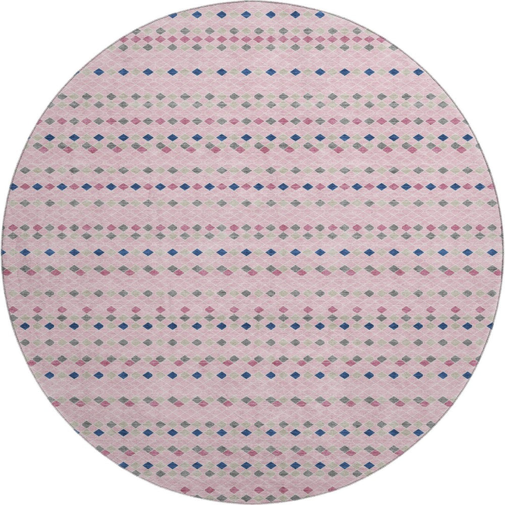 HomeRoots 8' X 8' Washable Round Rug in Pink, Navy Blue & Gray Stripes – UV Protected, Stain Resistant, Non-Slip 693549
