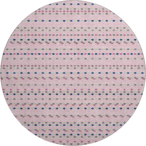 HomeRoots 8' X 8' Washable Round Rug in Pink, Navy Blue & Gray Stripes – UV Protected, Stain Resistant, Non-Slip 693549