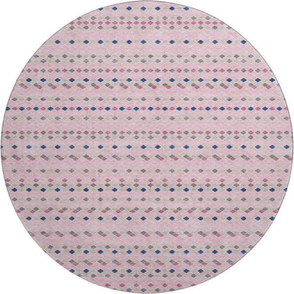 HomeRoots 8' X 8' Washable Round Rug in Pink, Navy Blue & Gray Stripes – UV Protected, Stain Resistant, Non-Slip 693549