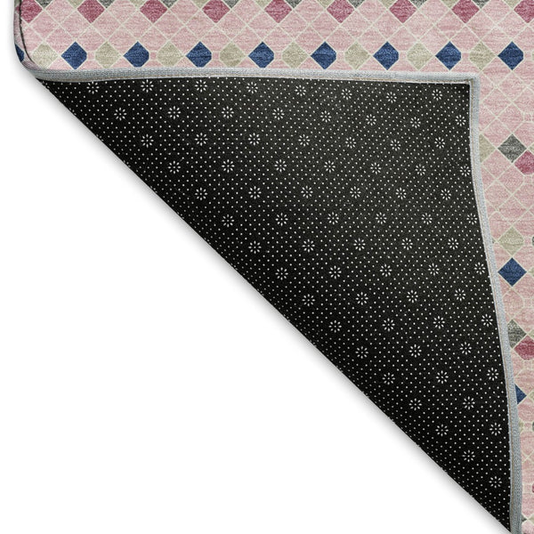 HomeRoots 8' X 8' Washable Round Rug in Pink, Navy Blue & Gray Stripes – UV Protected, Stain Resistant, Non-Slip 693549