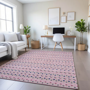 HomeRoots 8' Washable Area Rug with Striking Pink, Navy Blue & Gray Stripes - UV Protected & Stain Resistant! 693550