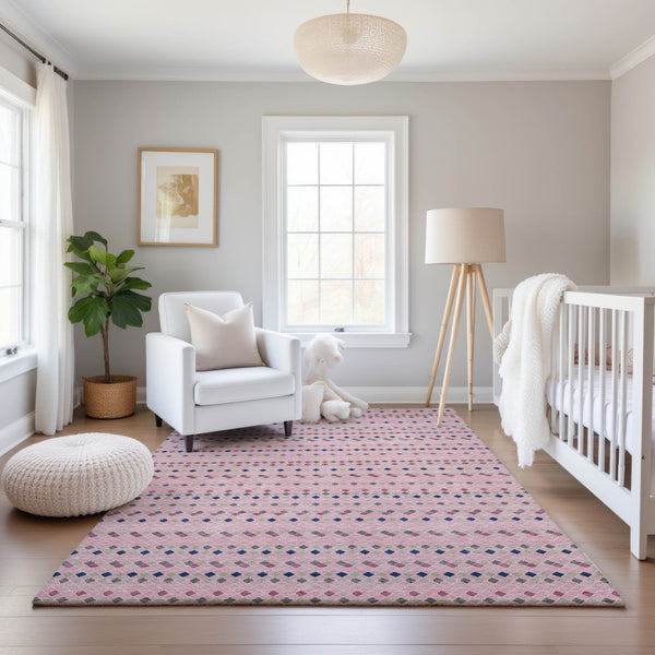 HomeRoots 8' Washable Area Rug with Striking Pink, Navy Blue & Gray Stripes - UV Protected & Stain Resistant! 693550