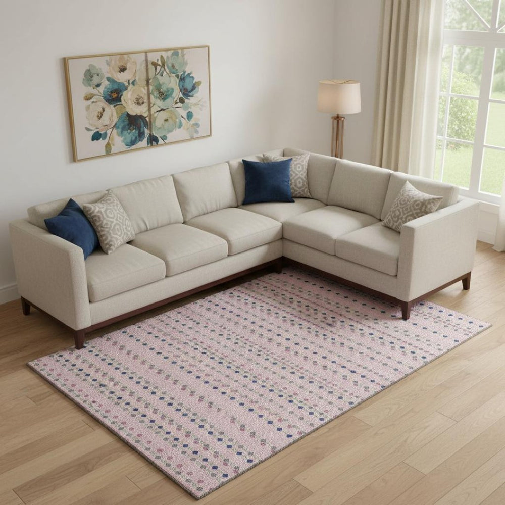 HomeRoots 9' X 12' Stylish Pink Navy Blue Gray Striped Washable Area Rug with UV Protection for Modern Homes 693551