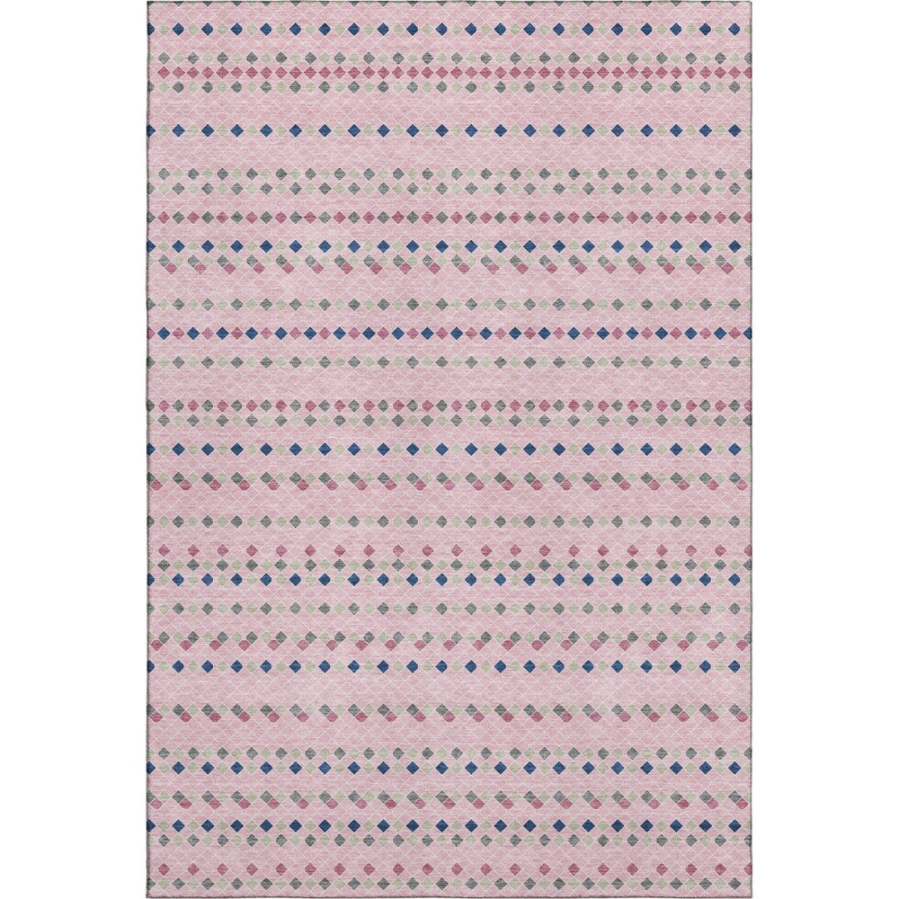 HomeRoots 9' X 12' Stylish Pink Navy Blue Gray Striped Washable Area Rug with UV Protection for Modern Homes 693551