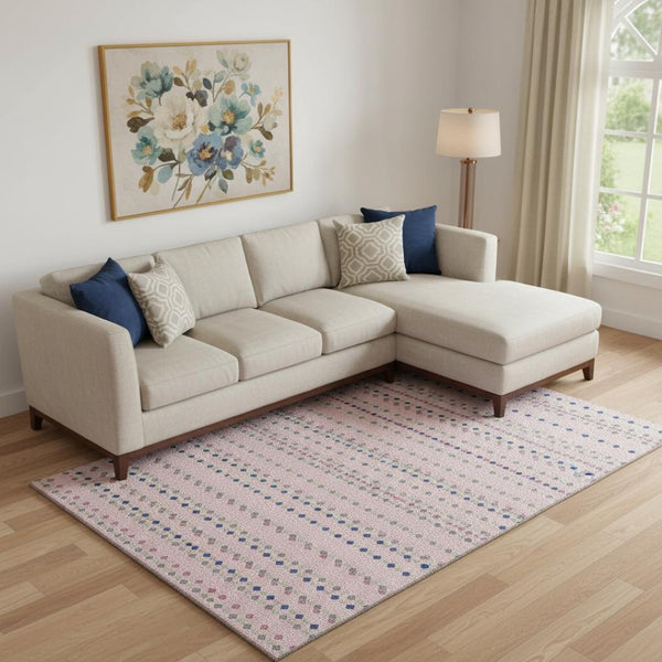 HomeRoots 10' Striped Washable Area Rug in Pink, Navy & Gray - UV Protected, Durable & Easy-Care for Homes 693552