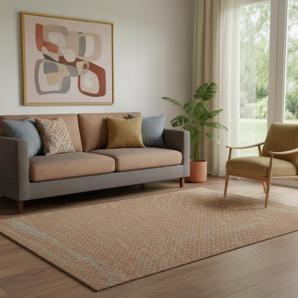 HomeRoots 5' X 8' Stylish Rust Blue Gold Striped Washable Area Rug – Durable, UV Protected, Pet-Friendly Design 693554