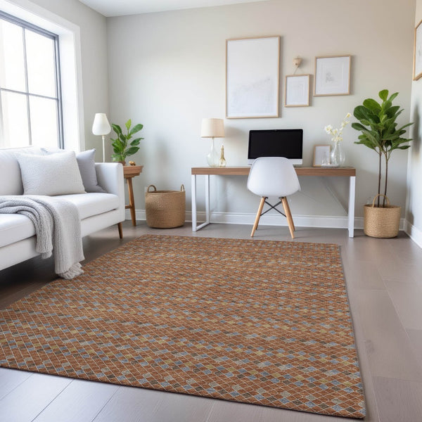 HomeRoots 5' X 8' Stylish Rust Blue Gold Striped Washable Area Rug – Durable, UV Protected, Pet-Friendly Design 693554