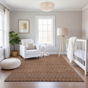 HomeRoots 5' X 8' Stylish Rust Blue Gold Striped Washable Area Rug – Durable, UV Protected, Pet-Friendly Design 693554