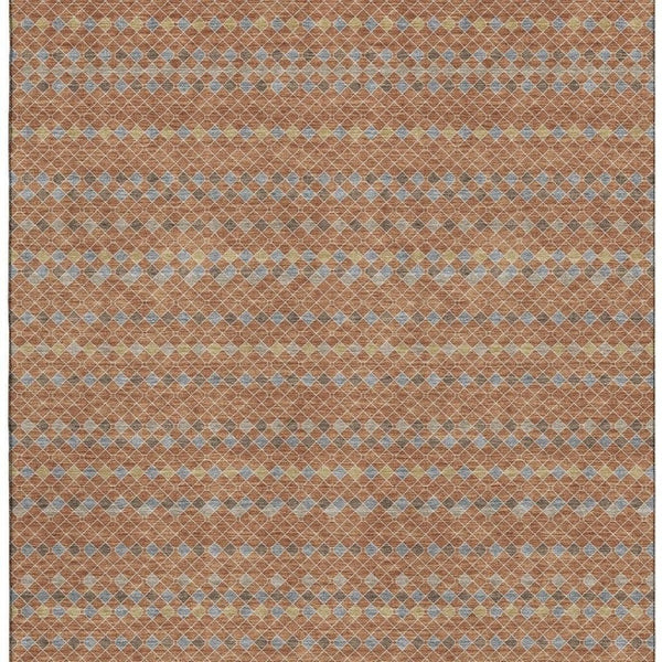 HomeRoots 5' X 8' Stylish Rust Blue Gold Striped Washable Area Rug – Durable, UV Protected, Pet-Friendly Design 693554