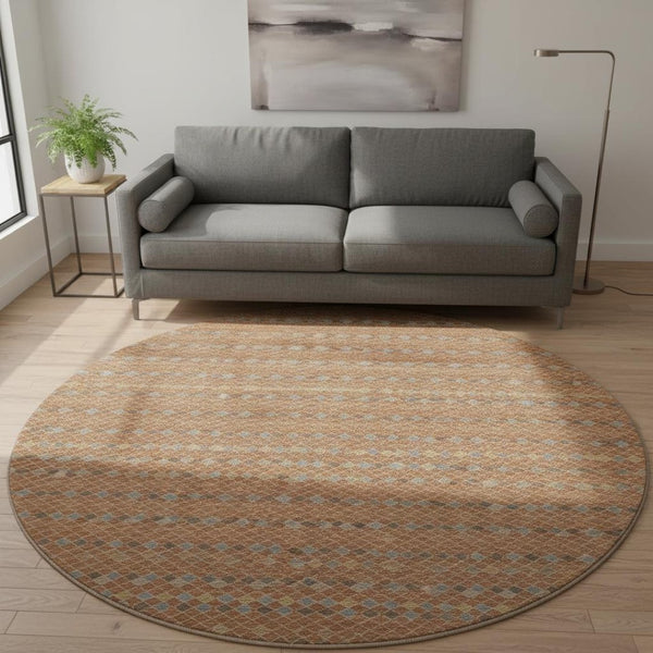 HomeRoots 8' X 8' Washable Round Rug in Striking Rust, Blue & Gold Stripes – UV Protected & Stain Resistant! 693555