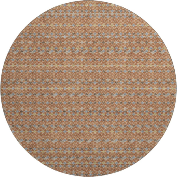 HomeRoots 8' X 8' Washable Round Rug in Striking Rust, Blue & Gold Stripes – UV Protected & Stain Resistant! 693555