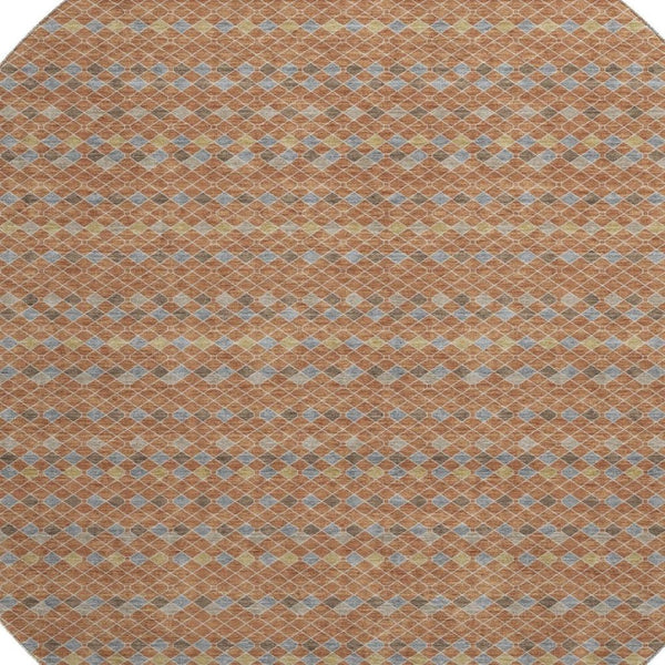 HomeRoots 8' X 8' Washable Round Rug in Striking Rust, Blue & Gold Stripes – UV Protected & Stain Resistant! 693555