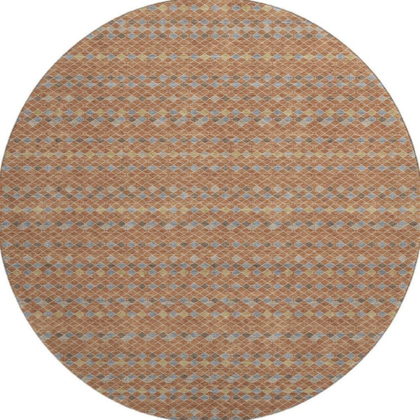 HomeRoots 8' X 8' Washable Round Rug in Striking Rust, Blue & Gold Stripes – UV Protected & Stain Resistant! 693555