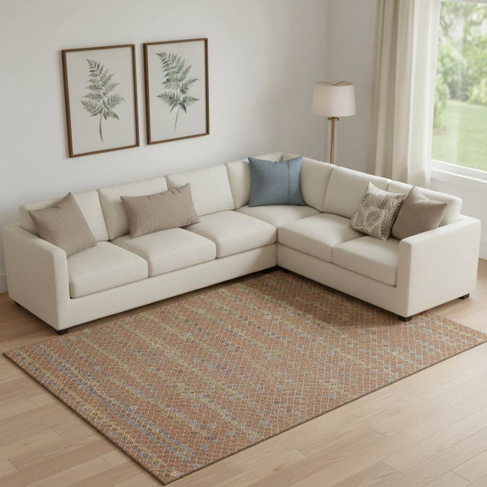 HomeRoots 9' X 12' Elegant Rust, Blue & Gold Striped Washable Area Rug with UV Protection for High-Traffic Areas 693557