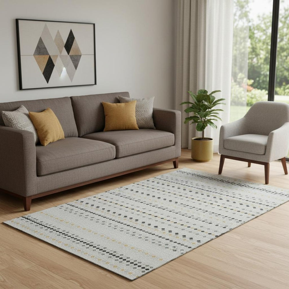 HomeRoots 5' X 8' Silver Gray and Gold Striped Washable Area Rug with UV Protection for Stylish Spaces 693560