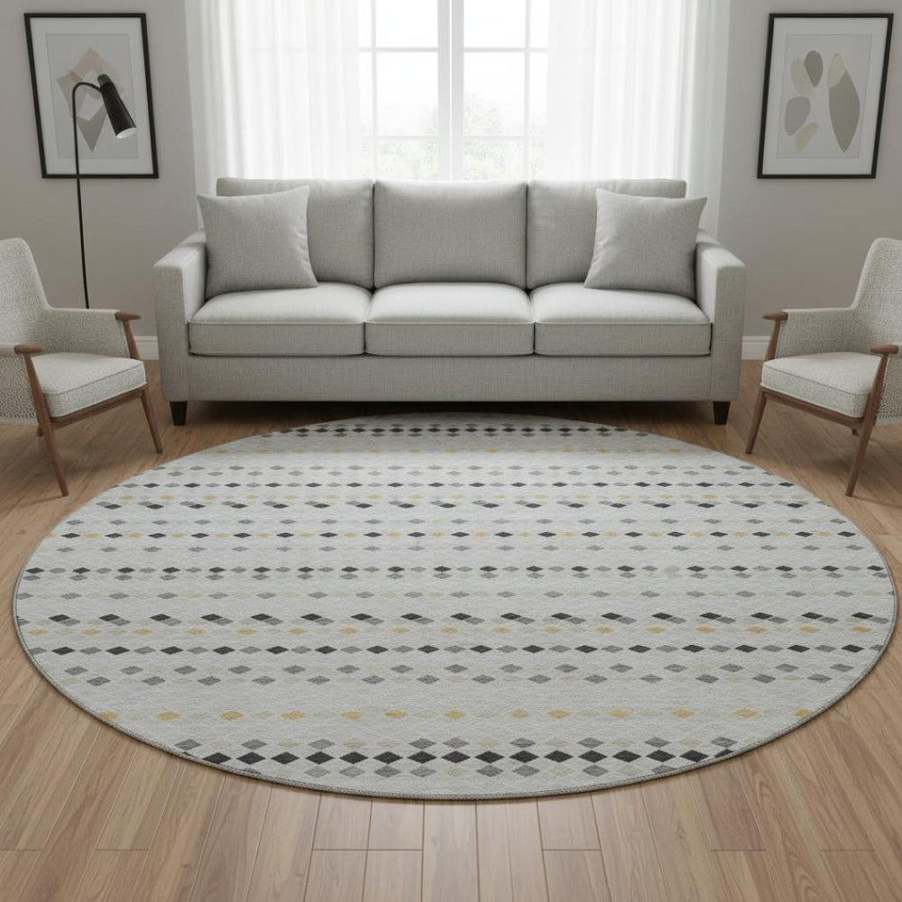 HomeRoots 8' X 8' Stylish Silver Gray & Gold Striped Washable Round Rug with UV Protection for Easy Care 693561