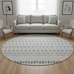 HomeRoots 8' X 8' Stylish Silver Gray & Gold Striped Washable Round Rug with UV Protection for Easy Care 693561
