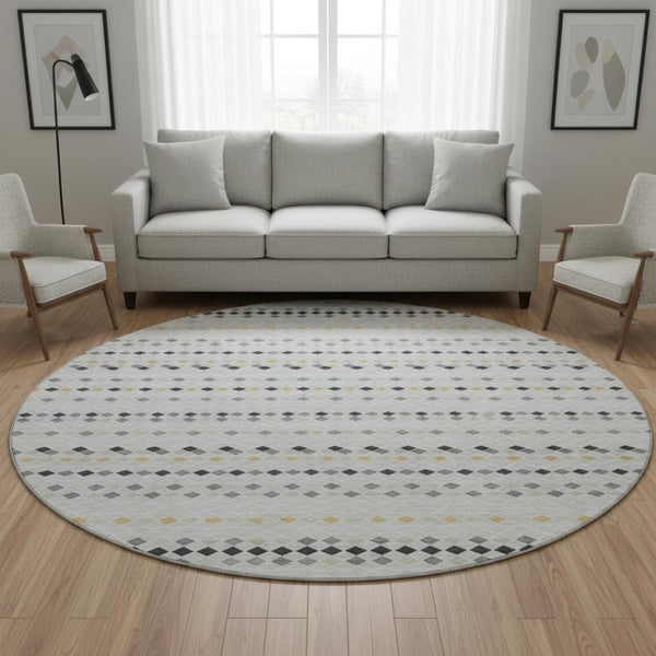HomeRoots 8' X 8' Stylish Silver Gray & Gold Striped Washable Round Rug with UV Protection for Easy Care 693561