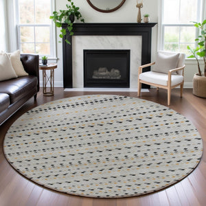 HomeRoots 8' X 8' Stylish Silver Gray & Gold Striped Washable Round Rug with UV Protection for Easy Care 693561