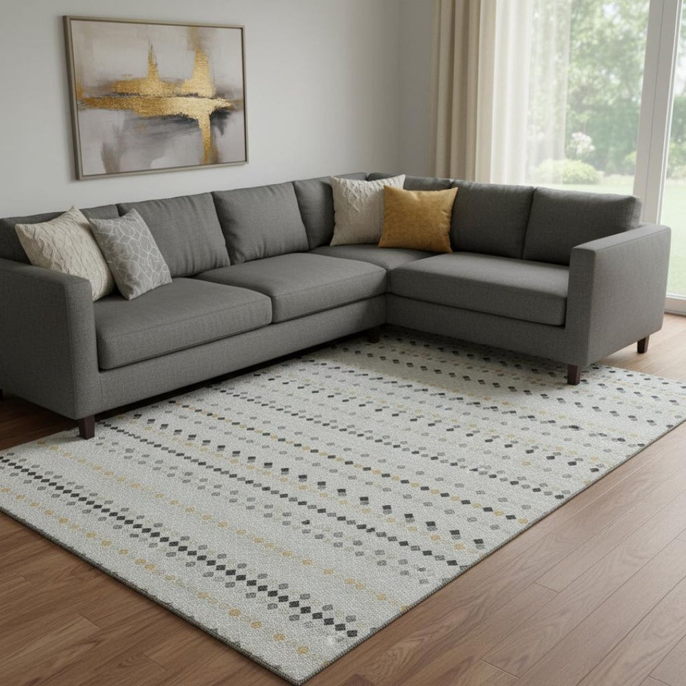 HomeRoots 8' Stylish Silver Gray and Gold Striped Washable Area Rug with UV Protection for High Traffic Spaces 693562