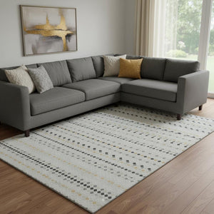 HomeRoots 8' Stylish Silver Gray and Gold Striped Washable Area Rug with UV Protection for High Traffic Spaces 693562