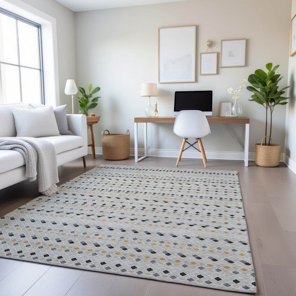 HomeRoots 9' X 12' Washable Silver Gray & Gold Striped Area Rug - UV Protected, Stylish, Stain Resistant Design 693563