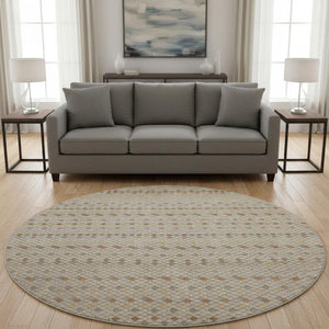 HomeRoots 8' Washable Round Rug in Taupe with Copper & Gold Stripes - Durable, UV-Protected, Non-Slip Design! 693567