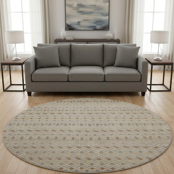 HomeRoots 8' Washable Round Rug in Taupe with Copper & Gold Stripes - Durable, UV-Protected, Non-Slip Design! 693567