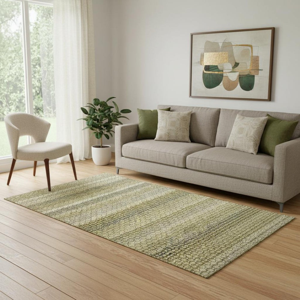 HomeRoots 5' X 8' Striped Washable Area Rug in Artichoke Green, Beige & Gray – UV Protected & Durable Design 693572
