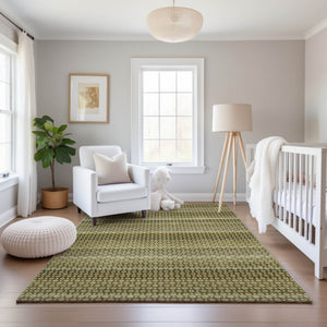 HomeRoots 5' X 8' Striped Washable Area Rug in Artichoke Green, Beige & Gray – UV Protected & Durable Design 693572
