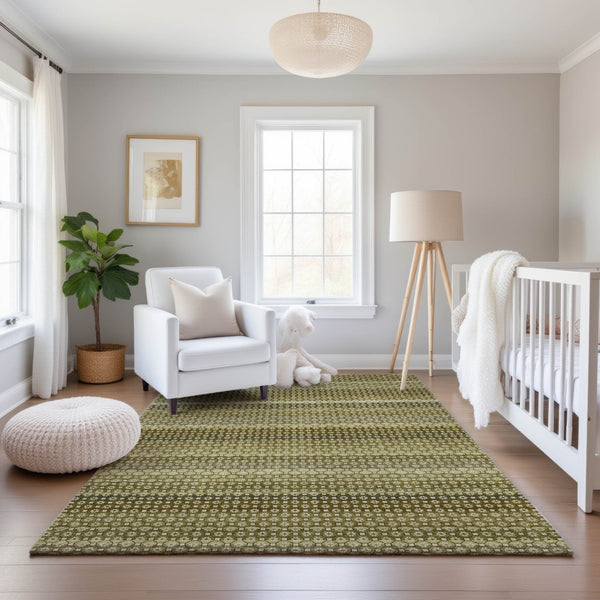 HomeRoots 5' X 8' Striped Washable Area Rug in Artichoke Green, Beige & Gray – UV Protected & Durable Design 693572