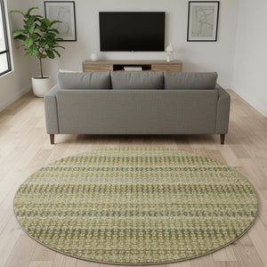 HomeRoots 8' Round Artichoke Green, Beige & Gray Striped Washable Rug with UV Protection for High-Traffic Areas 693573