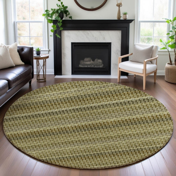 HomeRoots 8' Round Artichoke Green, Beige & Gray Striped Washable Rug with UV Protection for High-Traffic Areas 693573